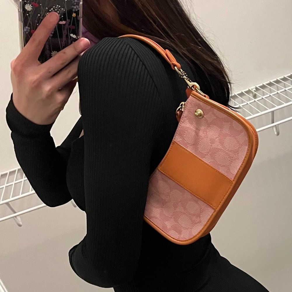 COACH Swinger Signature Jacquard Shoulder Bag Pink and Orange